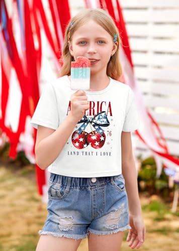 Image of BesserBay Kids Girls 4th of July Crop Tops American Flag Red White Blue Patriotic Bows USA Flag T-Shirts 6-14 Years