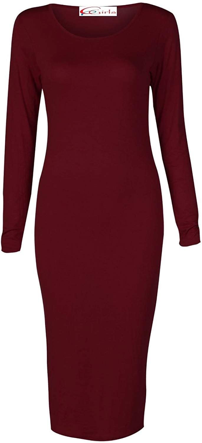 Crazy Girls Womens Plain Long Sleeve Scoop Neck Stretch Bodycon Maxi Midi Dress (XL-UK16/18, Plain Wine)