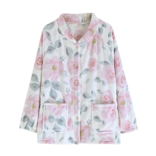 Bed Jackets for Women Fuzzy Fleece Button Up Loungewear Pajama Tops Soft Warm Sleepwear Winter Coat with Pockets White-L