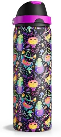 Halloween Insulated Water Bottle with Straw - Stainless Steel Water Bottle with Push Button Lid, Leak-Proof BPA-Free, Keeps Cold for 24 Hours for Halloween gifts, Party (32 oz, Meowgic Night)