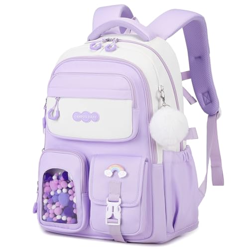 Amythe Mochila Escolar para Niñas 9-16 años, Mochilas Adolescente Impermeable, Mochila Colegio Niña con Reflectores y Bonitos Adornos para Primaria Secundaria Viajes, Morado