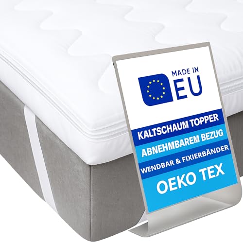 Pillows24 - Topper 160x200cm aus Kaltschaum - 6cm hoch - Matratzentopper mit abnehmbarem Bezug | Wendbar & Fixierbänder | Oeko-TEX | Made in EU - Matratzenauflage | Matratzen Topper für jedes Bett