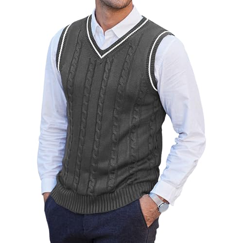 JEShifangjiusu Mens Knitwear Vest Sleeveless Casual V Neck Slim Fit Pullover Topcoat Ribbed Hem Knitted Sweater