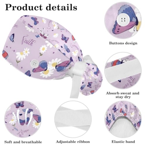 Image of Butterfly Scrub Cap Women with Ponytail & Buttons Adjustable Surgical Nurse Hat with Cotton Sweatband for Long Hair