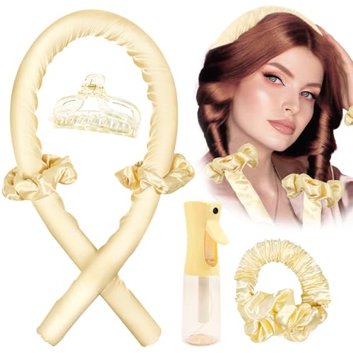 my novel things Heatless Hair Curler and Curling Scrunchie Set for Long Hair to Sleep in Curls Overnight with Spray Bottle Claw Clip Hair Styling Tools Accessories No Heat Wave Curlers Champagne