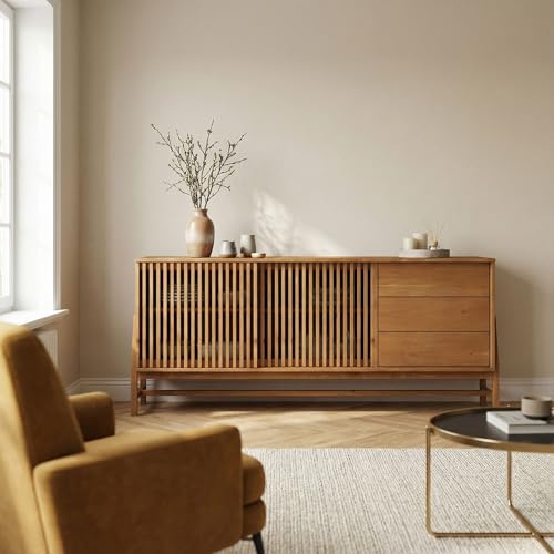 IDIMEX Buffet Adamo L 175 cm en Bois Massif Couleur Chêne avec 2 Portes Coulissantes, 3 Tiroirs, Design Chaleureux à Lamelles, Étagère Réglable en Hauteur, Meuble...