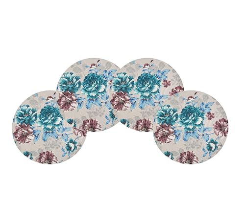 Image of LaVichitra Cotton Table Placemat | Dining Table Mat | Bed Side Table Mat | Cotton Round Shape Placemats | Washable PlaceMat for Shelves & Plant Pots - Pack of 4, Blue Rose