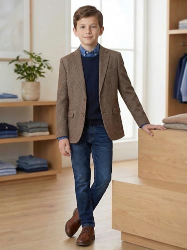 Image of Tweed Herringbone Boys Blazer Classic Jacket for Kids Casual Sport Coat | Wrinkle-resistant for easy care. Soft breathable fabric delivers comfy wear, classic pattern fits all formal events.