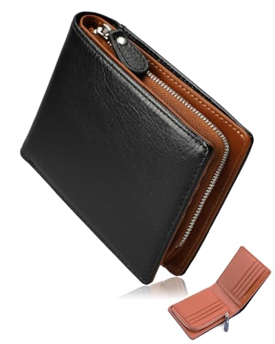 一流の職人が作る カードが18枚入る本革財布 YKKファスナー ギフトBOX入り プレゼント 大容量 メンズ 2つ折り 二つ折り財布 父の日 メンズ財布 小さい (ブラック+ブラウン)のサムネイル