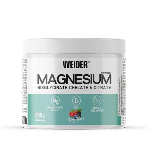 Weider Magnesium Powder (200g) Sabor Frutos Rojos, 250mg /porción Bisglicinato y Citrato de Magnesio en polvo con Zinc, Ayuda músculos y huesos, Reduce Cansancio, Sin Azúcar Añadido, Vegan, 40 dosis