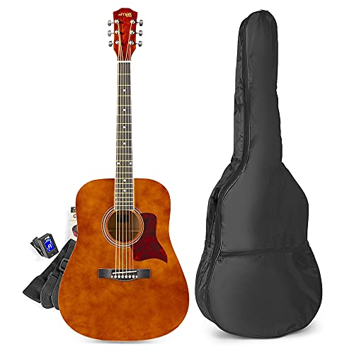 MAX SoloJam Westerngitarre, Akustik Gitarre Set, Acoustic Guitar, Akustikgitarre 4/4 mit Tasche, Plektrum, Stimmgerät, Schultergurt und Stahlsaiten, Anfängergitarre in Braun