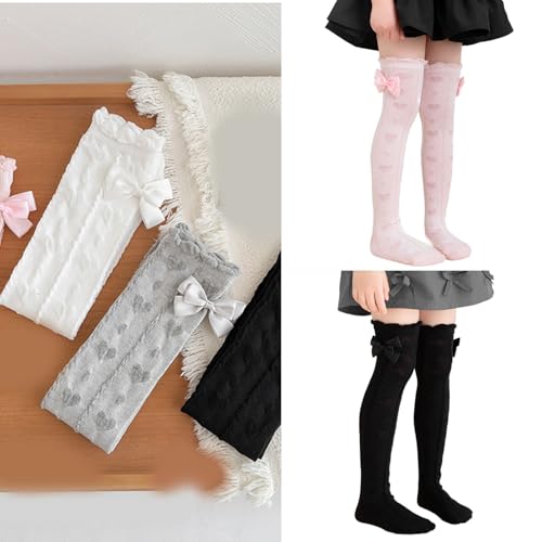 Pair Over The Knee Children Socks with Bowknot Designs Soft & Comfortable Combed Cotton Long Stockings for Ages 3 to 102