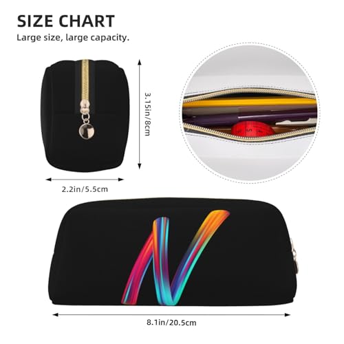 Image of Cute Initial Pencil Case for Kids Simple Leather Pencil Pouch for Boys Girls Letter Design Pencil Box Pen Bag Pencil Pouch Office Stationery Organizer, Rainbow Letter N