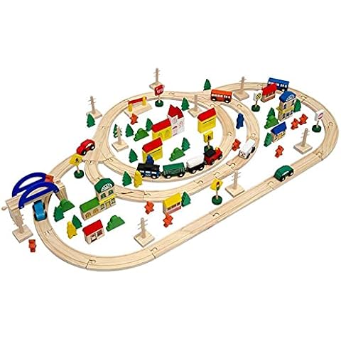 messefix 130 Teile Holzeisenbahn Set - 5m Holzschienen - Eisenbahn Starter Set Holzzug mit Schienen - Holz Eisenbahn Kinder Holzspielzeug Zug Kinderspielzeug Holzeisenbahn Zubehör Cover