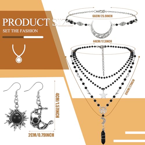 3 Pcs Halloween Gothic Sun and Moon Jewelry Witch Jewelry Set Boho Head Chain Multilayer Star Choker Crystal Earrings for Women Cosplay2