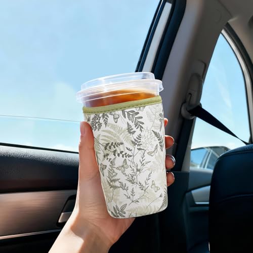Image of Reusable Insulated Sleeve for Iced Coffee Cup, 3-Pack Coffee Neoprene Drink Sleeve for Cold & Hot Drinks, Beverage Holder for Iced Coffee (Fern Butterflies)
