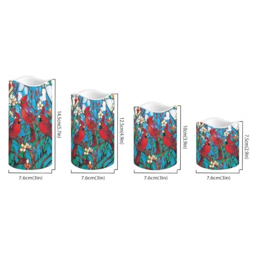 Image of Stained Glass Cardinal Electric Flameless Candles Set of 4 | Christmas Flameless Candle Set with Timer, Battery Operated Fake Candles for Living Room, Table Centerpieces