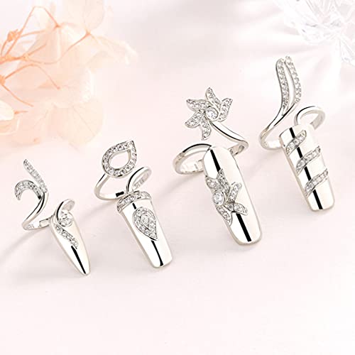 Lurrose Vintage Rings 4 Pcs Women Fingernails Ring Fashion Crystal Rhinestone Nail Cap Cover Ring Nail Art Charm Open Nail Rings Jewelry for Women Girls Silver Vintage Decor - Image 3