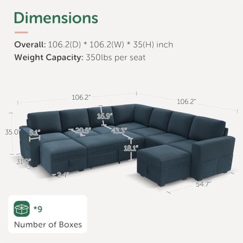 Image of HONBAY Modular Sectional Sleeper Sofa with Pull Out Couch, Corduroy Oversized Sectional Couches Pull Out Bed with U Shaped Sleeper Storage for Living Room - Blue