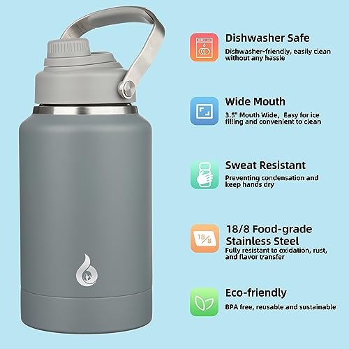 Image of BJPKPK 64oz Insulated Water Bottles, Dishwasher Safe Half gallon Water Bottle with Metal Handle, BPA Free Spout Lid & Detachable Bowl, Large Stainless Steel Jugs, Grey