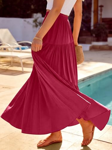 Image of ANRABESS Women's Boho Elastic High Waist Pleated A-Line Flowy Swing Asymmetric Tiered Maxi Long Skirt Dress with Pockets