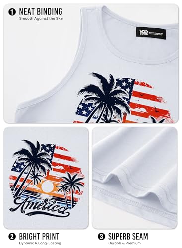 Image of VOGSTART Mens American Flag Tank Top Independence Hawaiian Tee Stylish Print Gym Man Shirt White Hawaiian XL