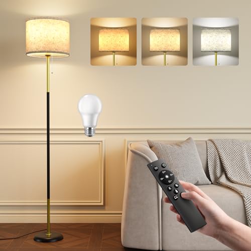 Lampadaire LED sur Pied Salon - 12W Lampe sur Pied avec Télécommande & RGB E27 Ampoule, Cordon Tirette, Lampe Liseuse Réglables pour Salon, 3 Températures...