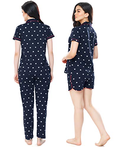 Image of ZEYO Women's Cotton 3Pc'S Heart Printed Night Suit Pajama Set 5357