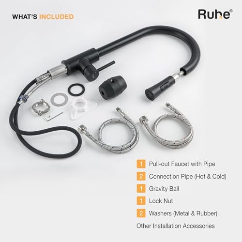 Image of Ruhe 304-Grade Staineless Steel Kara Pull-Out Single Lever Sink Mixer Faucet with Dual Flow | 360 rotatable | Super-Functional Water tap for Kitchen & Bathroom (Matte Black)