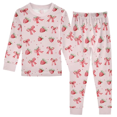 Cartoon Pajamas Set Pink Strawberries Bows Pattern Long Sleeve PJs Cotton Jammies Sleepwear Top and Pants