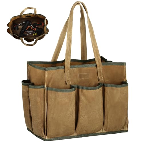 Robust Waxed Canvas Tool Tote Bag, Spacious Tools Organizer with Multiple Pockets, Reinforced Base Work Tool Carry Bag for Electricians Carpenters Mechanics Garage