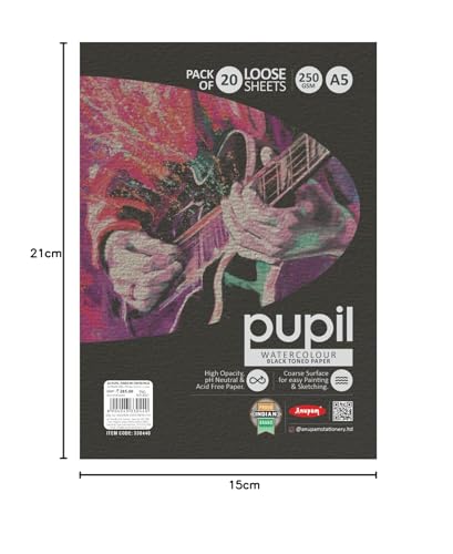 Image of Anupam Pupil Black Toned Paper - Acid Free - Cold Press Paper - 20 Loose Sheet - 225 GSM - A5