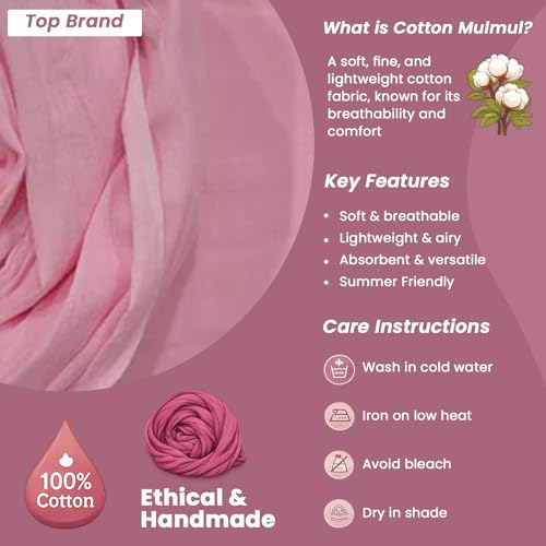 Image of 100% Pure Cotton Solid Mulmul Fabric Material|Reusable Ultra Fine Mulmul Fabric|Lightweight Soft Smooth Piece Linning,Stole,Dupatta,Cushion Pillow Cover (Primrose Pink,2.5 Meters)
