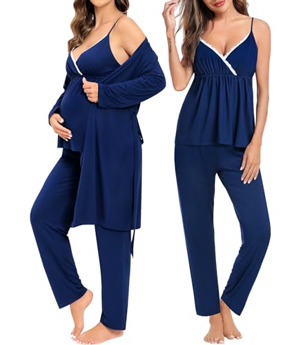 Image of SWOMOG Maternity Nursing Robe Set 3 Piece Breastfeeding Pajamas 3 in 1 Labor Delivery Sleevless Tops&Long Pants Pregnancy Pjs
