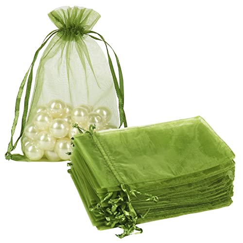 Image of HRX Package 100pcs Organza Drawstring Bags Olive Green, 4 x 6 inch Candy Mesh Gift Bags Jewelry Pouches Small Christmas Sachet