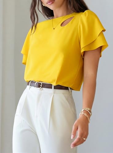 Dokotoo Women's 2026 Summer Tops Ruffle Sleeve Basic Shirts Dressy Casual Layer Short Sleeve Work Blouses Summer Trendy Clothes Yellow X-Large — view 5