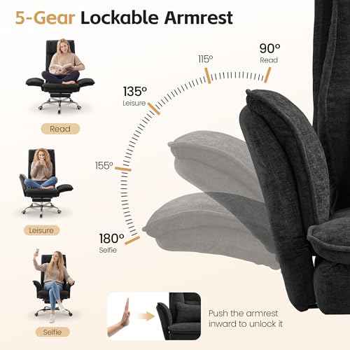 Image of HUBSON Big and Tall Office Chair, Footrest & Flip Armrest for Pets, Black | Executive Ergonomic Criss Cross Chair, Reclining High Back Desk Chair, Chenille Swivel Computer Chair with Lumber Pillow
