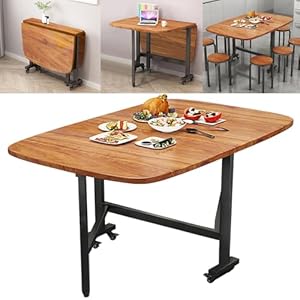 Multifunction Table Drop Leaf Dining Table – 47″ Wooden Foldable Kitchen Table with 6 Wheels (Brown)
