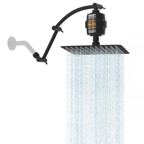 Hibbent Pomme de douche filtrante 10'' bras 16'', noir mat