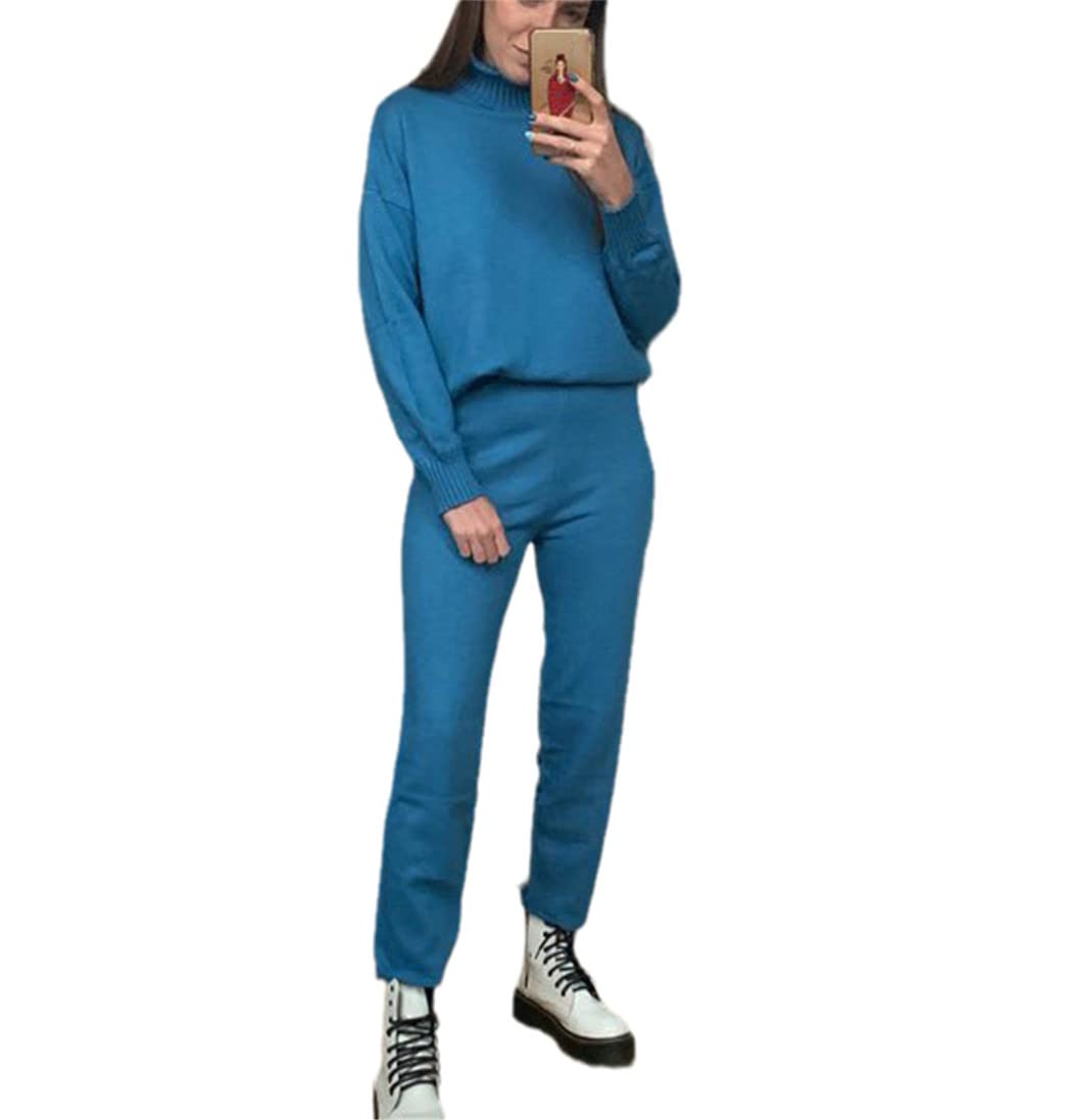 Ensemble 2 pièces femme avec pull col roulé pantalon élastique bleu S