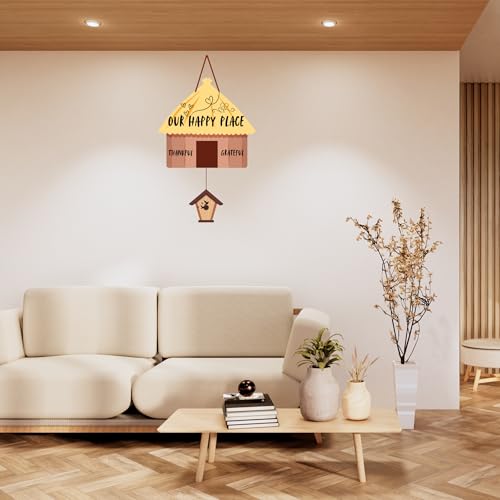 Image of GENXTRA Wooden Our Happy Place MDF Hut Wall Hanging - 50 cm Rustic Home Sign | Thankful & Grateful Decor for Home Entrance, Drawing Room, kitchen or Balcony | Decorative Plaques for Housewarming (HOME 01)