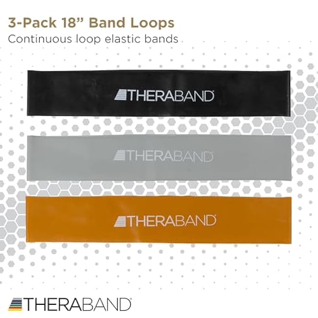 THERABAND Professional Resistance Band Loops Durable Resistance for Strength and Flexibility Exercises, Pilates, Yoga, Stretching, and Physical Therapy, 18 Continuous Loops (Black, Silver, Gold)