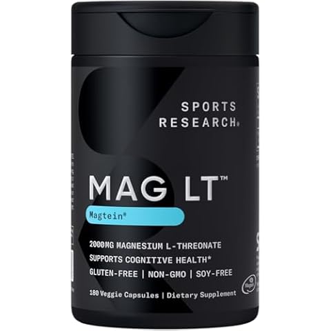 Sports Research Magtein Magnesium L-Threonate Capsules - Magnesium Supplement for Memory, Focus & Cognition - Magnesium L Threonate Supports Brain Health, Sleep & Mood- 2000mg, 180 Capsules for Adults Cover