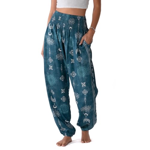 Lotus and Luna Womens Harem Pants Thai Pants for Beach & Lounge High Waisted Flowy Boho Pants Genie Pants Yoga Pants(Cosmic Teal Lotus Moon M)