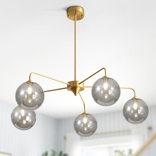 Image of 5-Light Gold Sputnik Chandelier, Mid Century Modern, Smoke Gray Glass Shade, Kitchen, Dining, Bedroom, 38.6 inch L x 30.7 inch H