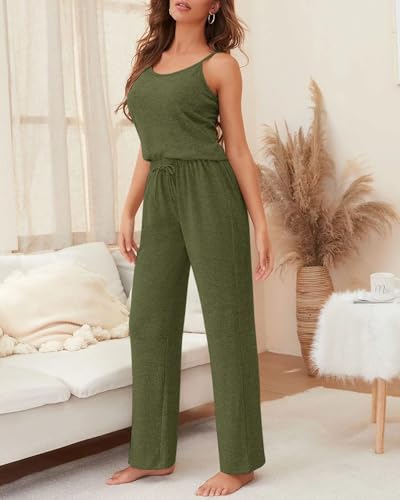 Fessceruna Womens 3 Piece Pajama Set Cami Tank Top Wide Leg Pants and Cardigan Loungewear Lounge Sets2