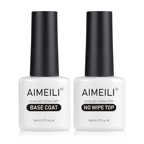 AIMEILI Soak Off UV Gel Polish Base Coat and No Wipe Top Coat Set Upgraded Formula Long Lasting Mirror Finish Gel Polish 2x8ml