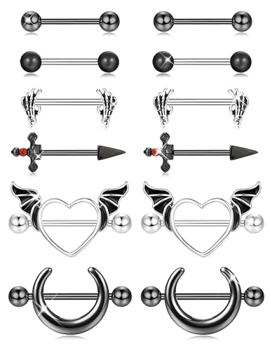 JOERICA 6 Pairs 14G Nipple Rings for Women 316L Stainless Steel Heart Butterfly Moon CZ Flower Barbell Nipple Rings Set Cute Nipplerings Piercing Jewelry