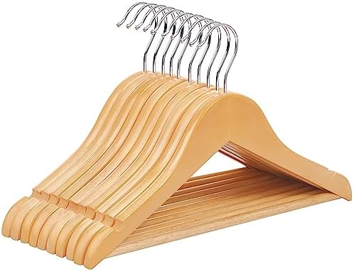 SONGMICS Wieszaki z litego drewna dla dzieci, zestaw 10 sztuk, z drążkiem do zawieszania, antypoślizgowe, nacięcia, obrotowy haczyk, 35 x 1,2 x 20 cm, kolor drzewny CRW006N01
