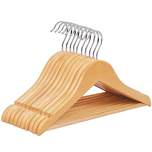 SONGMICS Cintre Enfant en Bois, Lot de 10, avec Barre de Suspension, Encoches, Crochet Rotatif à à 360°, Longueur 35 cm, Couleur Boisée CRW006N01